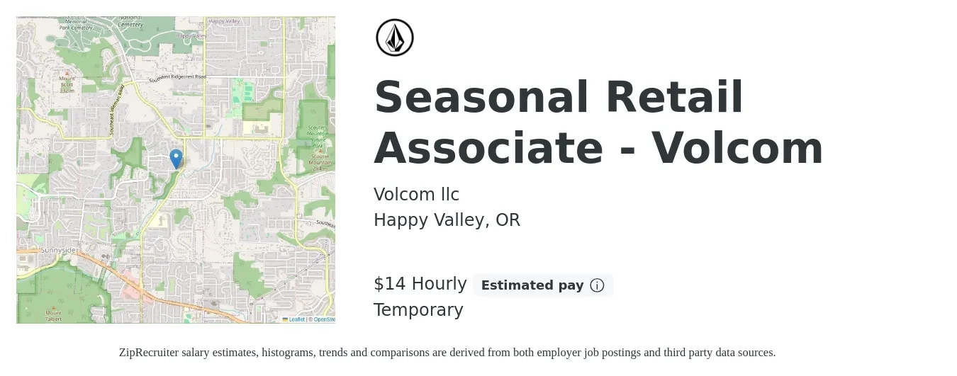 Volcom llc job posting for a Seasonal Retail Associate - Volcom in Happy Valley, OR with a salary of $15 Hourly with a map of Happy Valley location.