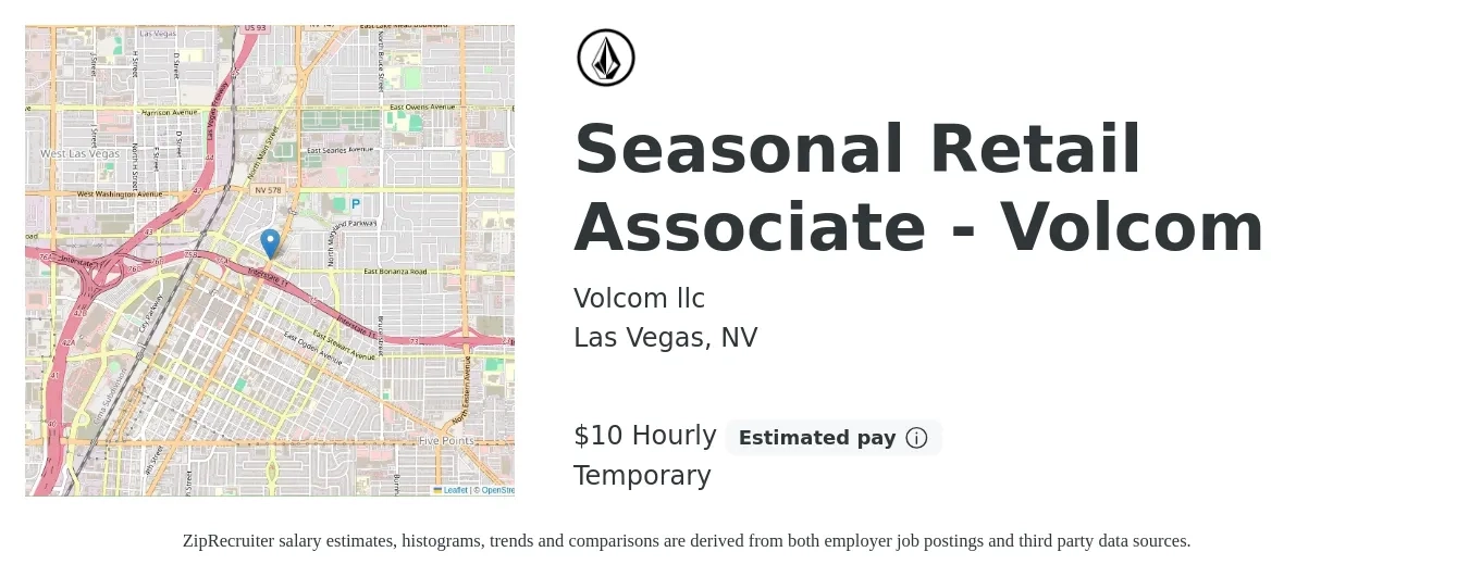 Volcom llc job posting for a Seasonal Retail Associate - Volcom in Las Vegas, NV with a salary of $11 Hourly with a map of Las Vegas location.