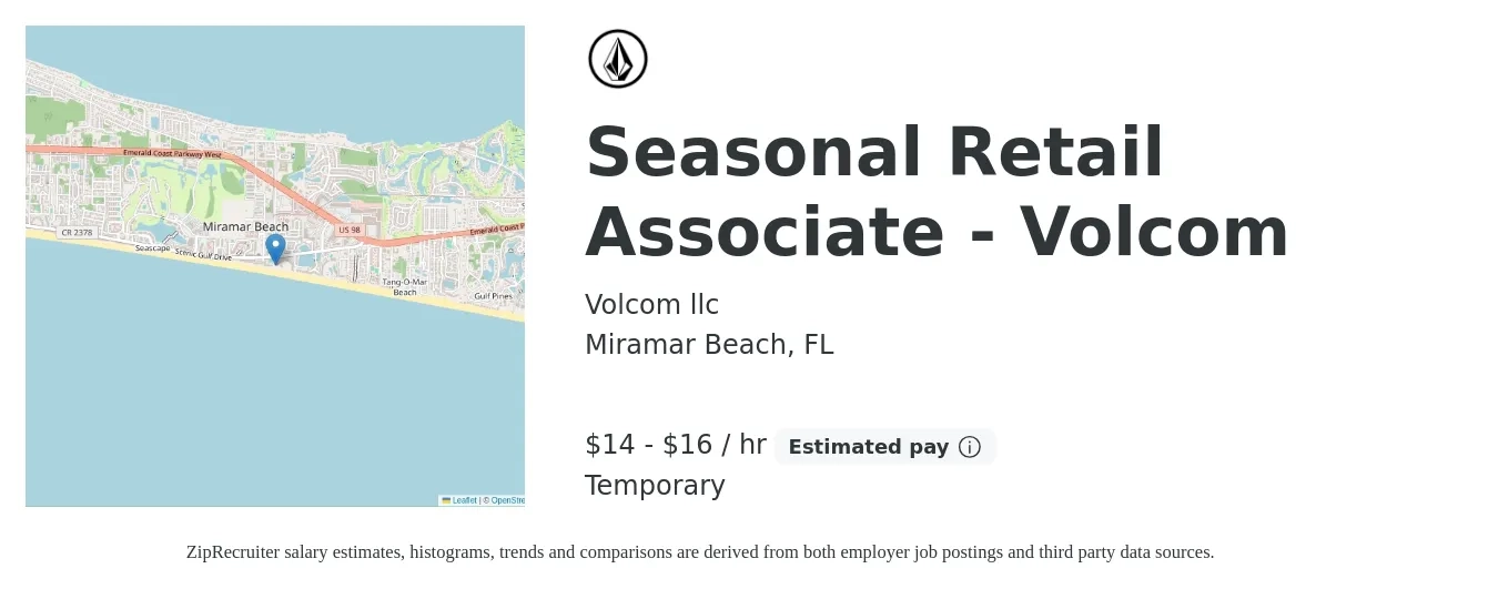 Volcom llc job posting for a Seasonal Retail Associate - Volcom in Miramar Beach, FL with a salary of $15 to $17 Hourly with a map of Miramar Beach location.