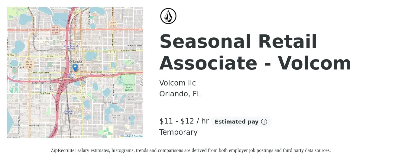 Volcom llc job posting for a Seasonal Retail Associate - Volcom in Orlando, FL with a salary of $12 to $13 Hourly with a map of Orlando location.