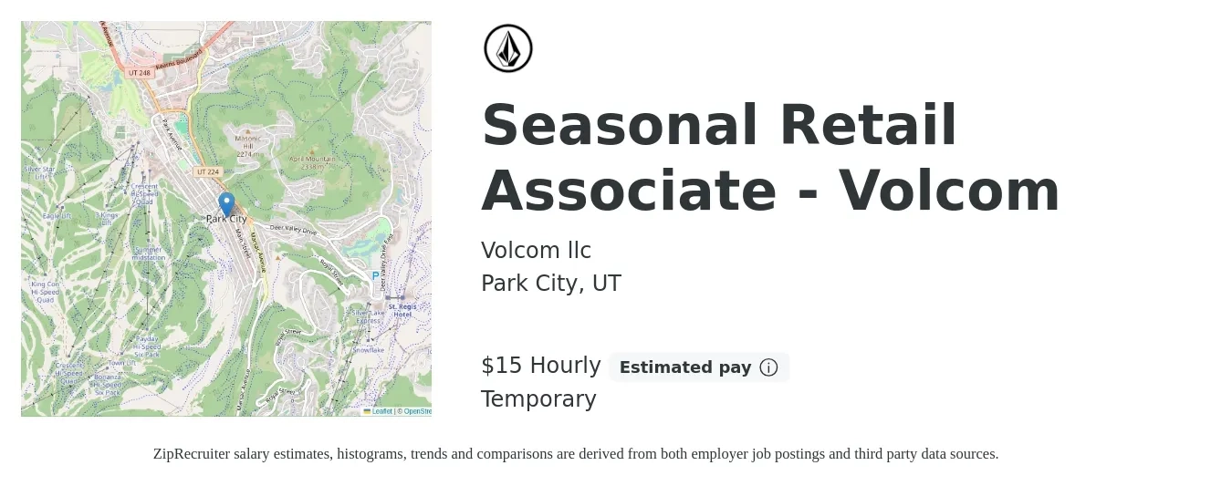 Volcom llc job posting for a Seasonal Retail Associate - Volcom in Park City, UT with a salary of $16 Hourly with a map of Park City location.