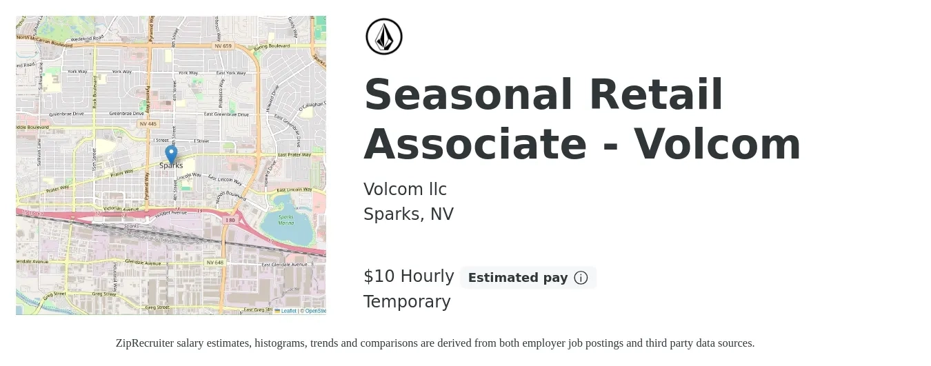 Volcom llc job posting for a Seasonal Retail Associate - Volcom in Sparks, NV with a salary of $11 Hourly with a map of Sparks location.