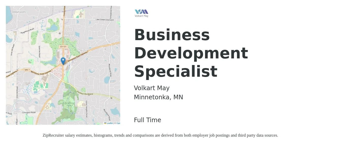 Volkart May job posting for a Business Development Specialist in Minnetonka, MN with a salary of $47,900 to $80,000 Yearly with a map of Minnetonka location.