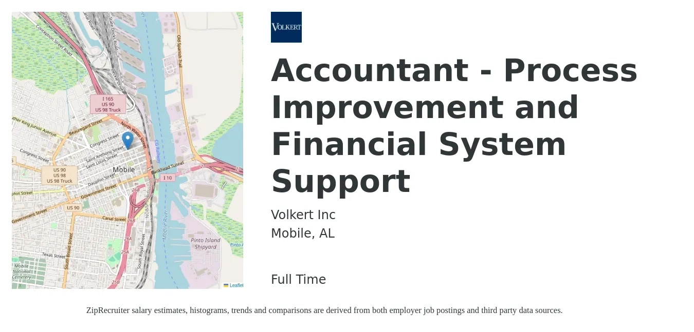 Volkert Inc job posting for a Accountant - Process Improvement and Financial System Support in Mobile, AL with a salary of $56,300 to $77,700 Yearly with a map of Mobile location.