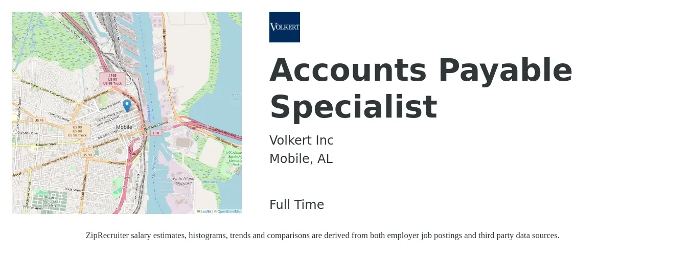 Volkert Inc job posting for a Accounts Payable Specialist in Mobile, AL with a salary of $21 to $27 Hourly with a map of Mobile location.