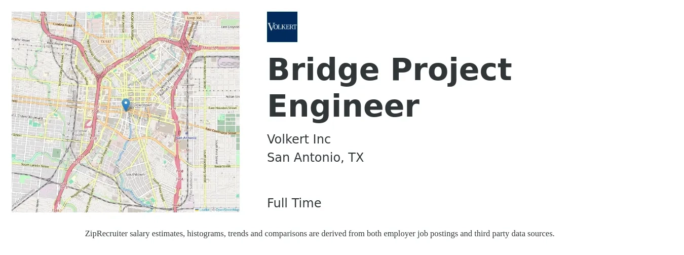 Volkert Inc job posting for a Bridge Project Engineer in San Antonio, TX with a salary of $79,500 to $101,000 Yearly with a map of San Antonio location.