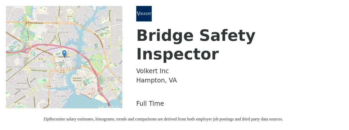 Volkert Inc job posting for a Bridge Safety Inspector in Hampton, VA with a salary of $42,800 to $86,600 Yearly with a map of Hampton location.