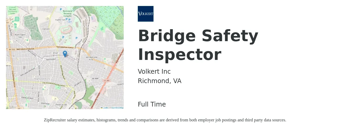 Volkert Inc job posting for a Bridge Safety Inspector in Richmond, VA with a salary of $44,100 to $89,300 Yearly with a map of Richmond location.