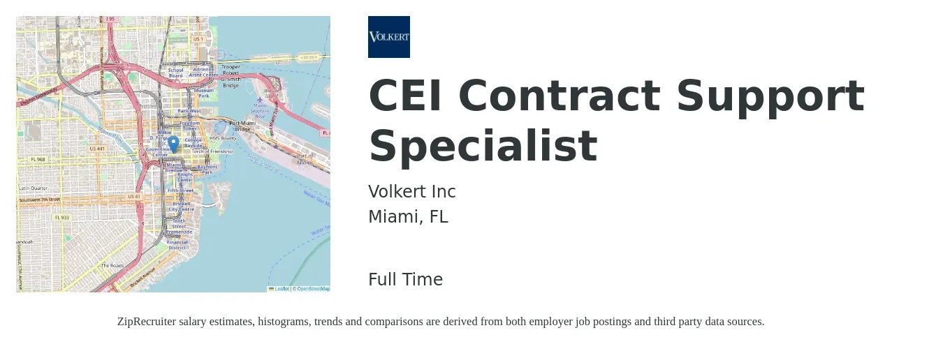 Volkert Inc job posting for a CEI Contract Support Specialist in Miami, FL with a salary of $17 to $26 Hourly with a map of Miami location.