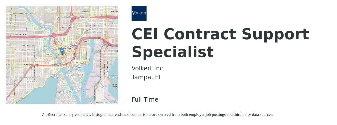 Volkert Inc job posting for a CEI Contract Support Specialist in Tampa, FL with a salary of $18 to $28 Hourly with a map of Tampa location.