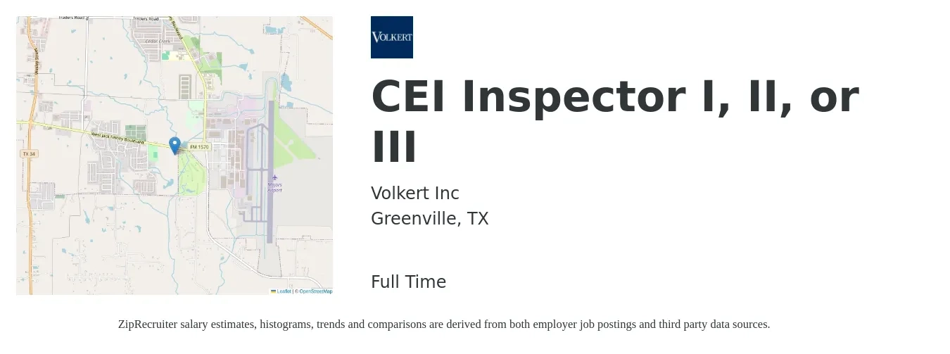 Volkert Inc job posting for a CEI Inspector I, II, or III in Greenville, TX with a salary of $17 to $28 Hourly with a map of Greenville location.