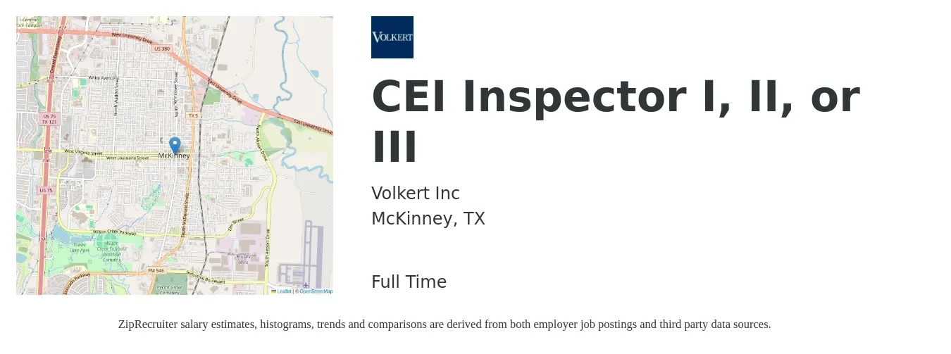 Volkert Inc job posting for a CEI Inspector I, II, or III in McKinney, TX with a salary of $17 to $30 Hourly with a map of McKinney location.