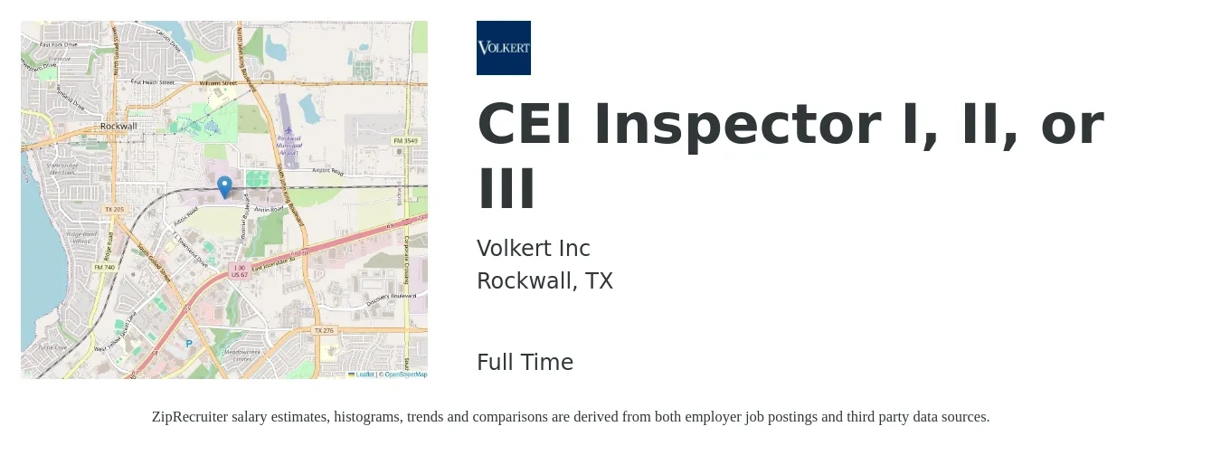 Volkert Inc job posting for a CEI Inspector I, II, or III in Rockwall, TX with a salary of $18 to $30 Hourly with a map of Rockwall location.