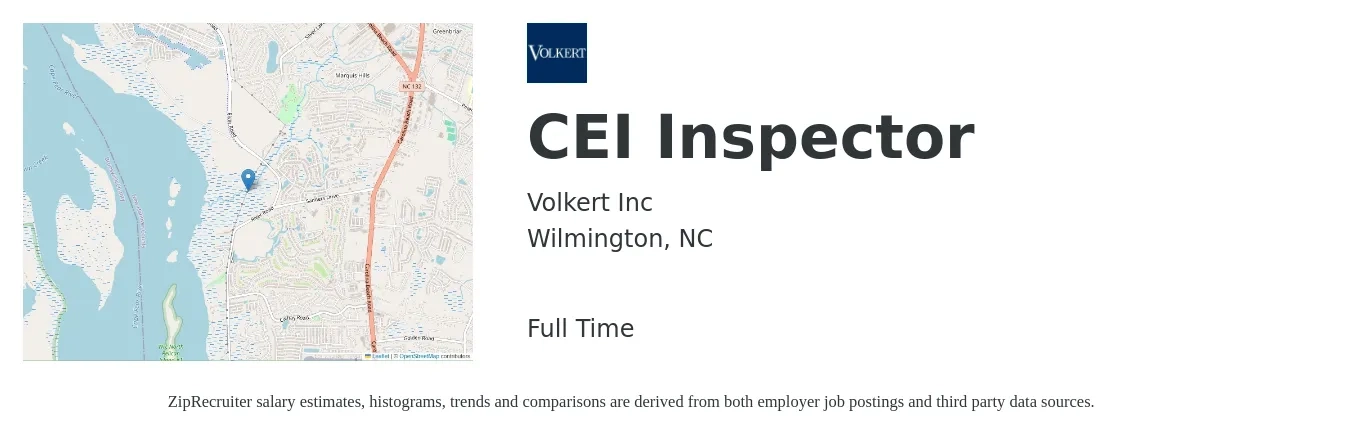 Volkert Inc job posting for a CEI Inspector in Wilmington, NC with a salary of $18 to $30 Hourly with a map of Wilmington location.