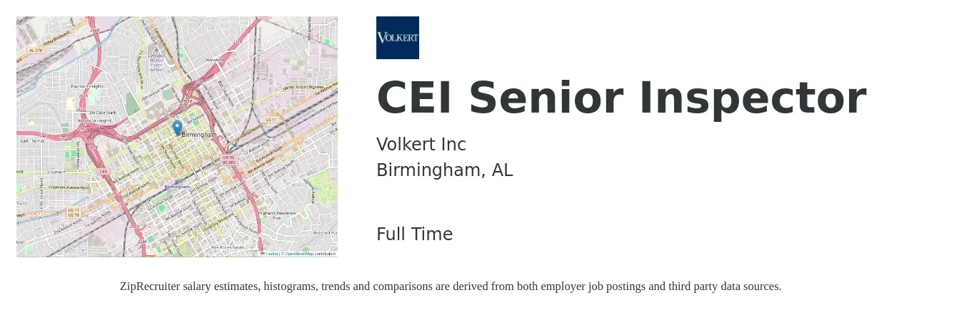 Volkert Inc job posting for a CEI Senior Inspector in Birmingham, AL with a salary of $26 to $40 Hourly with a map of Birmingham location.