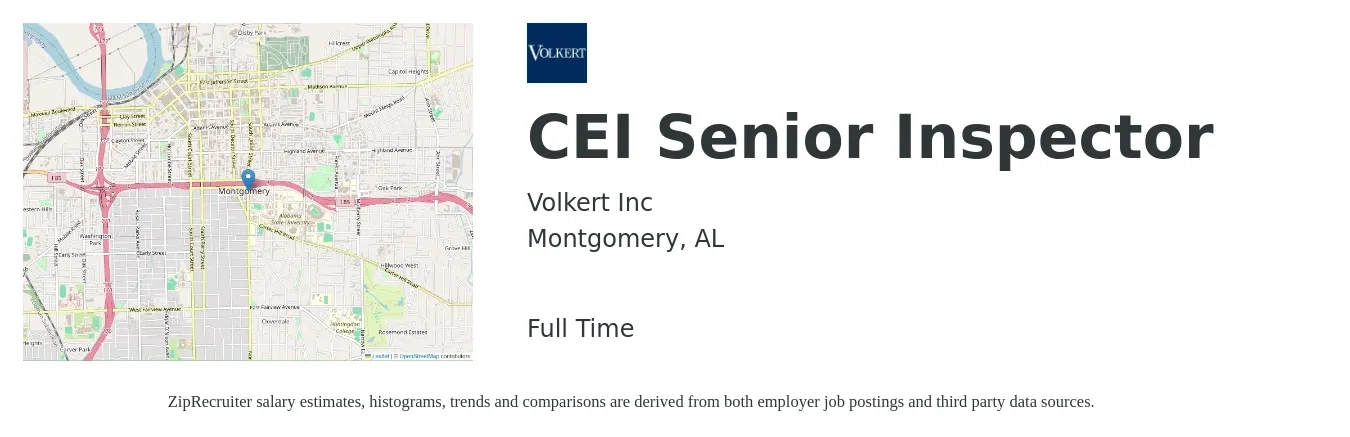 Volkert Inc job posting for a CEI Senior Inspector in Montgomery, AL with a salary of $24 to $35 Hourly with a map of Montgomery location.