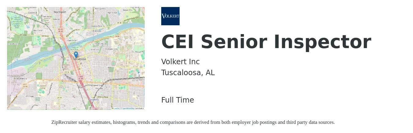 Volkert Inc job posting for a CEI Senior Inspector in Tuscaloosa, AL with a salary of $26 to $39 Hourly with a map of Tuscaloosa location.