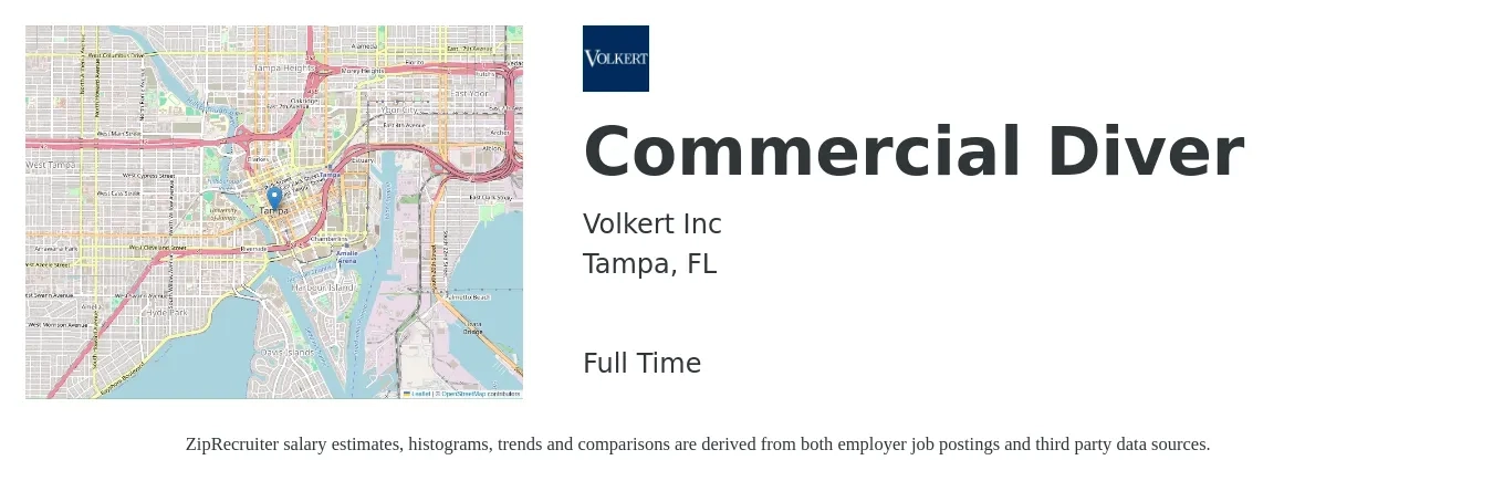 Volkert Inc job posting for a Commercial Diver in Tampa, FL with a salary of $18 to $23 Hourly with a map of Tampa location.