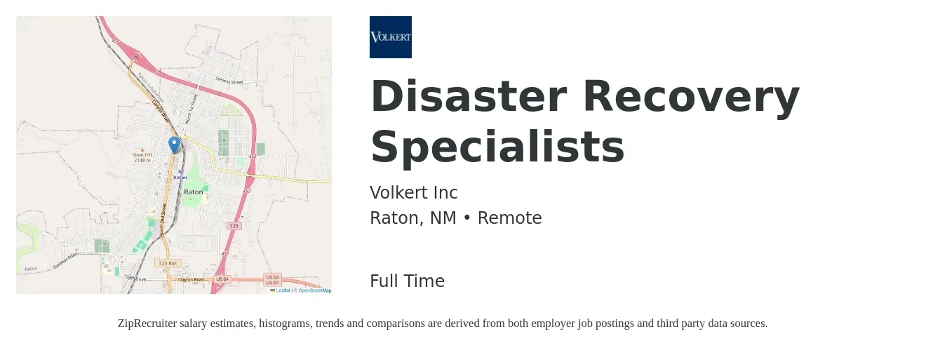 Volkert Inc job posting for a Disaster Recovery Specialists in Raton, NM with a salary of $31 to $48 Hourly with a map of Raton location.