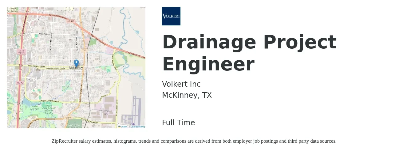 Volkert Inc job posting for a Drainage Project Engineer in McKinney, TX with a salary of $76,200 to $99,200 Yearly with a map of McKinney location.