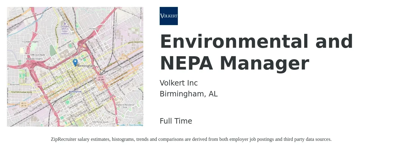 Volkert Inc job posting for a Environmental and NEPA Manager in Birmingham, AL with a salary of $109,700 to $113,400 Yearly with a map of Birmingham location.
