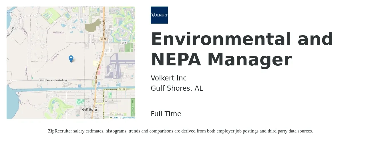 Volkert Inc job posting for a Environmental and NEPA Manager in Gulf Shores, AL with a salary of $99,500 to $102,900 Yearly with a map of Gulf Shores location.