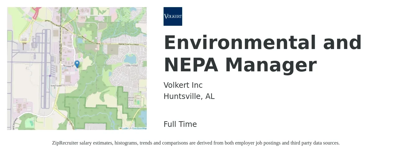 Volkert Inc job posting for a Environmental and NEPA Manager in Huntsville, AL with a salary of $116,000 to $120,000 Yearly with a map of Huntsville location.