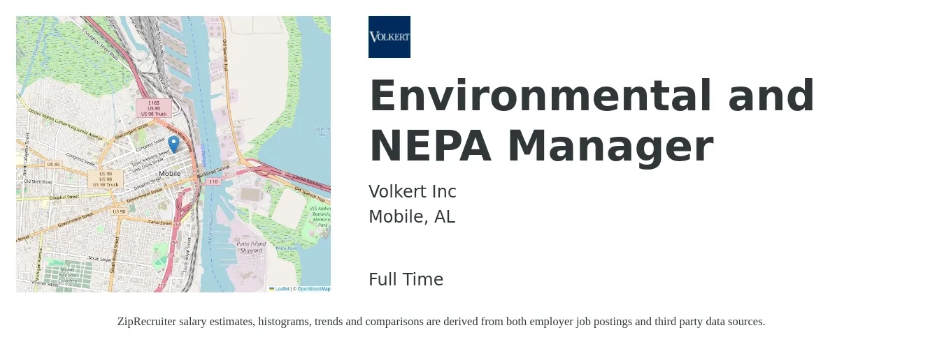 Volkert Inc job posting for a Environmental and NEPA Manager in Mobile, AL with a salary of $106,100 to $109,700 Yearly with a map of Mobile location.