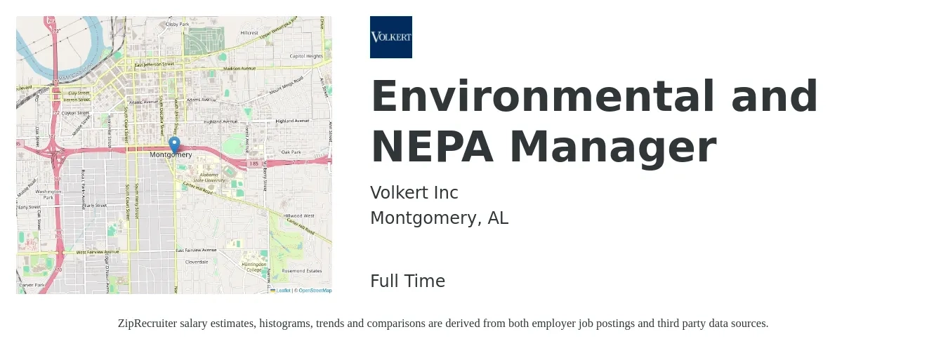 Volkert Inc job posting for a Environmental and NEPA Manager in Montgomery, AL with a salary of $98,300 to $101,600 Yearly with a map of Montgomery location.