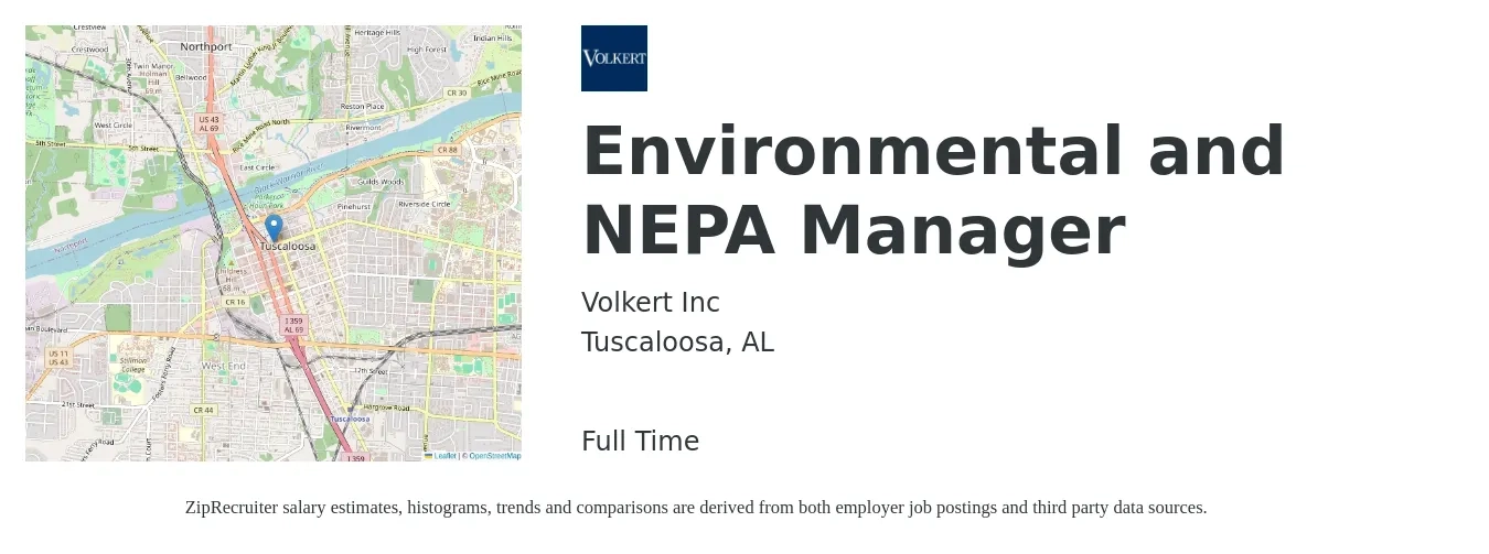 Volkert Inc job posting for a Environmental and NEPA Manager in Tuscaloosa, AL with a salary of $109,600 to $113,400 Yearly with a map of Tuscaloosa location.