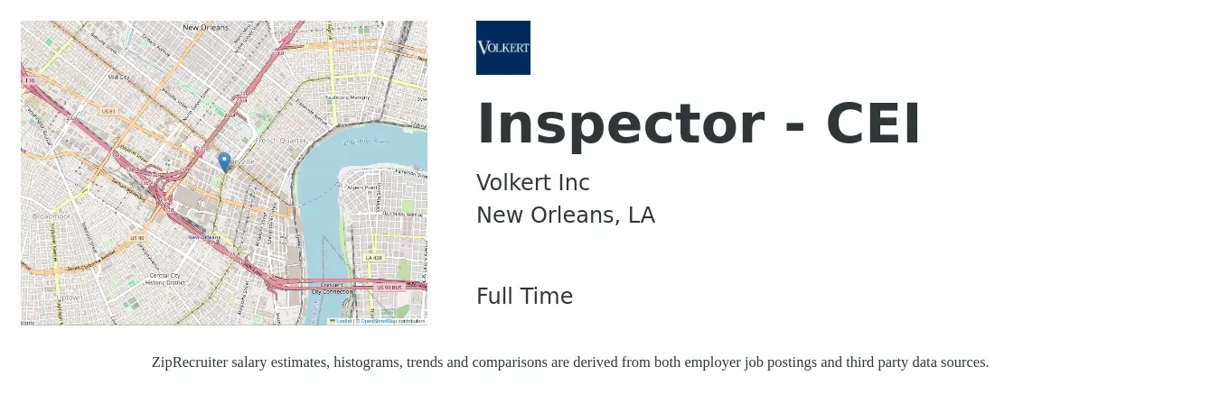 Volkert Inc job posting for a Inspector - CEI in New Orleans, LA with a salary of $18 to $32 Hourly with a map of New Orleans location.