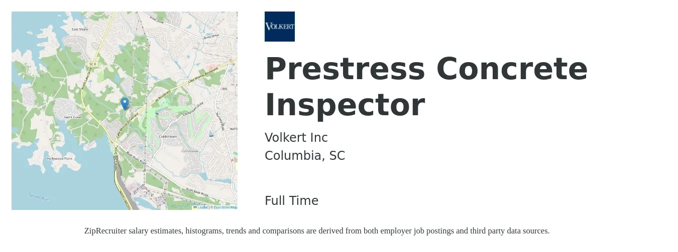 Volkert Inc job posting for a Prestress Concrete Inspector in Columbia, SC with a salary of $18 to $36 Hourly with a map of Columbia location.