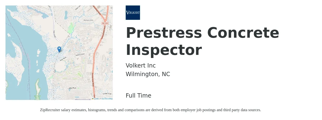 Volkert Inc job posting for a Prestress Concrete Inspector in Wilmington, NC with a salary of $17 to $35 Hourly with a map of Wilmington location.