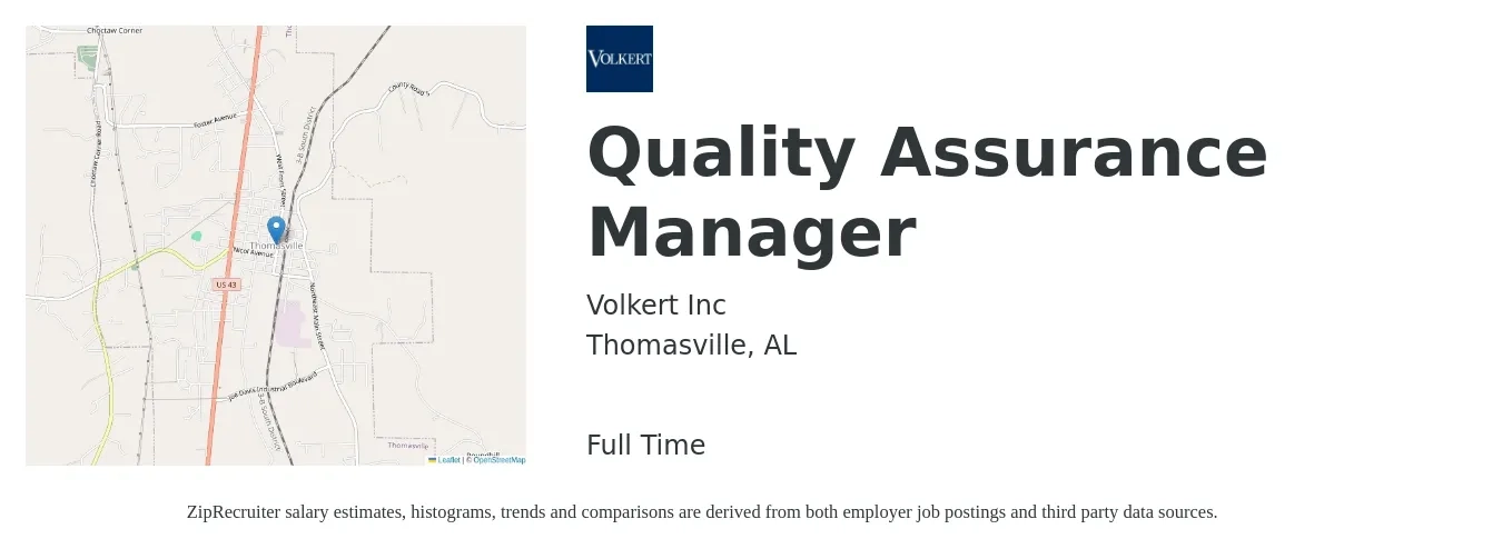 Volkert Inc job posting for a Quality Assurance Manager in Thomasville, AL with a salary of $69,800 to $121,500 Yearly with a map of Thomasville location.