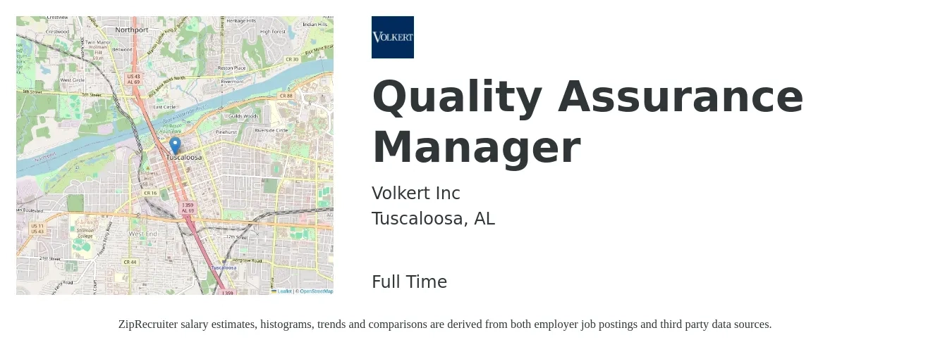 Volkert Inc job posting for a Quality Assurance Manager in Tuscaloosa, AL with a salary of $77,800 to $135,400 Yearly with a map of Tuscaloosa location.