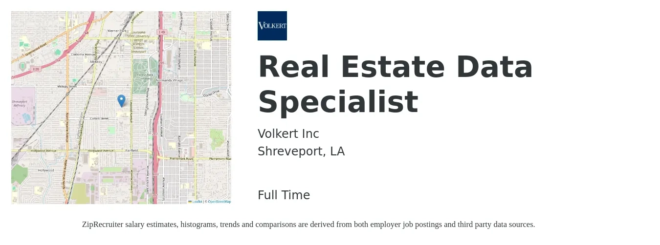 Volkert Inc job posting for a Real Estate Data Specialist in Shreveport, LA with a salary of $17 to $32 Hourly with a map of Shreveport location.