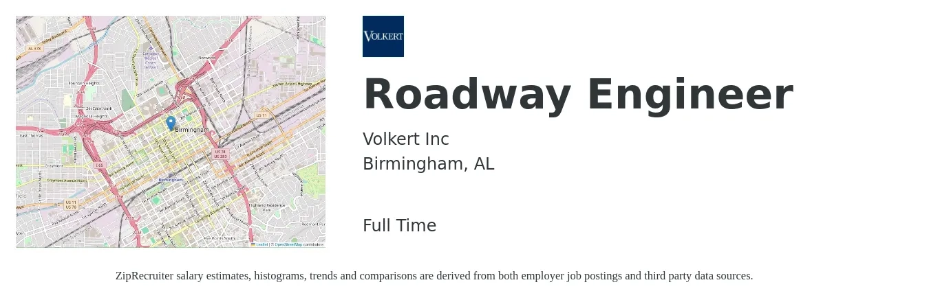 Volkert Inc job posting for a Roadway Engineer in Birmingham, AL with a salary of $75,500 to $106,400 Yearly with a map of Birmingham location.