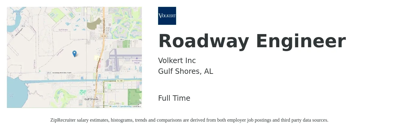 Volkert Inc job posting for a Roadway Engineer in Gulf Shores, AL with a salary of $68,500 to $96,500 Yearly with a map of Gulf Shores location.