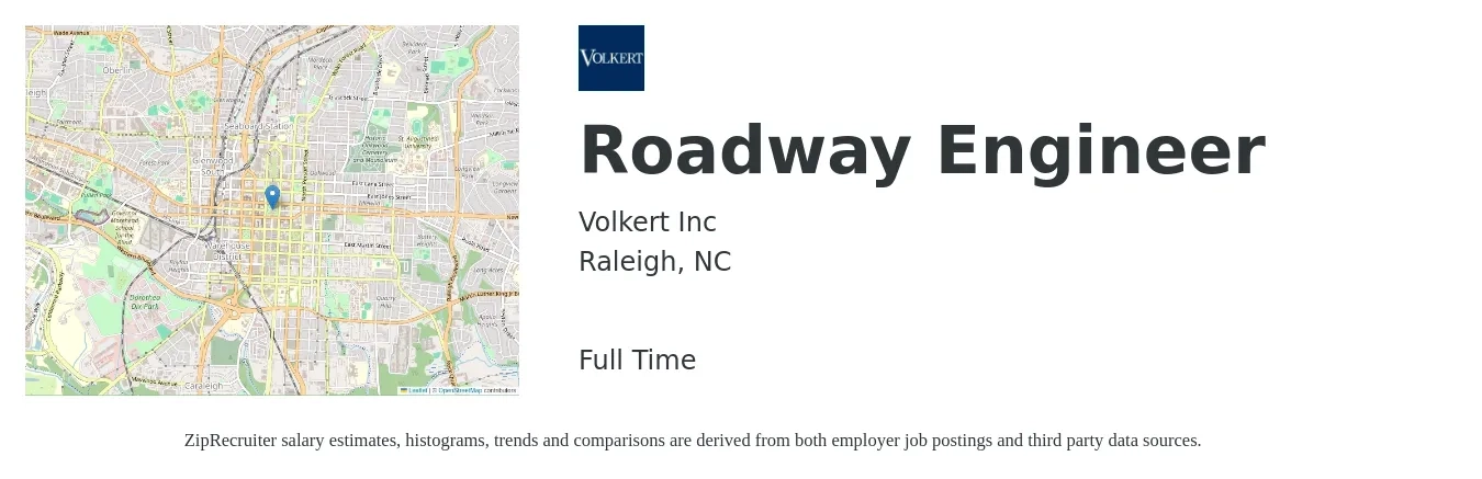 Volkert Inc job posting for a Roadway Engineer in Raleigh, NC with a salary of $71,100 to $100,200 Yearly with a map of Raleigh location.