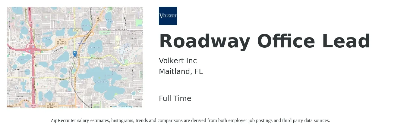 Volkert Inc job posting for a Roadway Office Lead in Maitland, FL with a salary of $19 to $30 Hourly with a map of Maitland location.