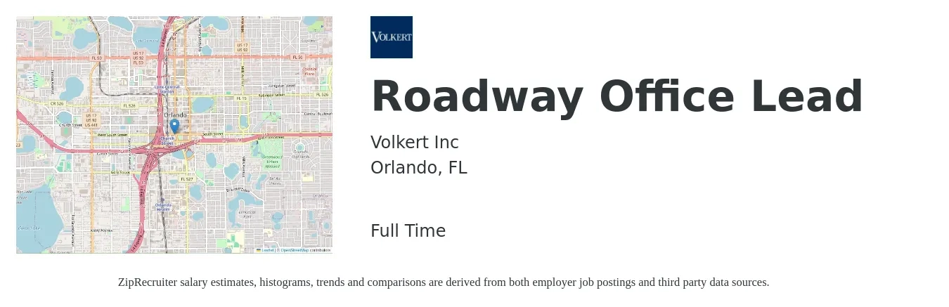 Volkert Inc job posting for a Roadway Office Lead in Orlando, FL with a salary of $19 to $30 Hourly with a map of Orlando location.