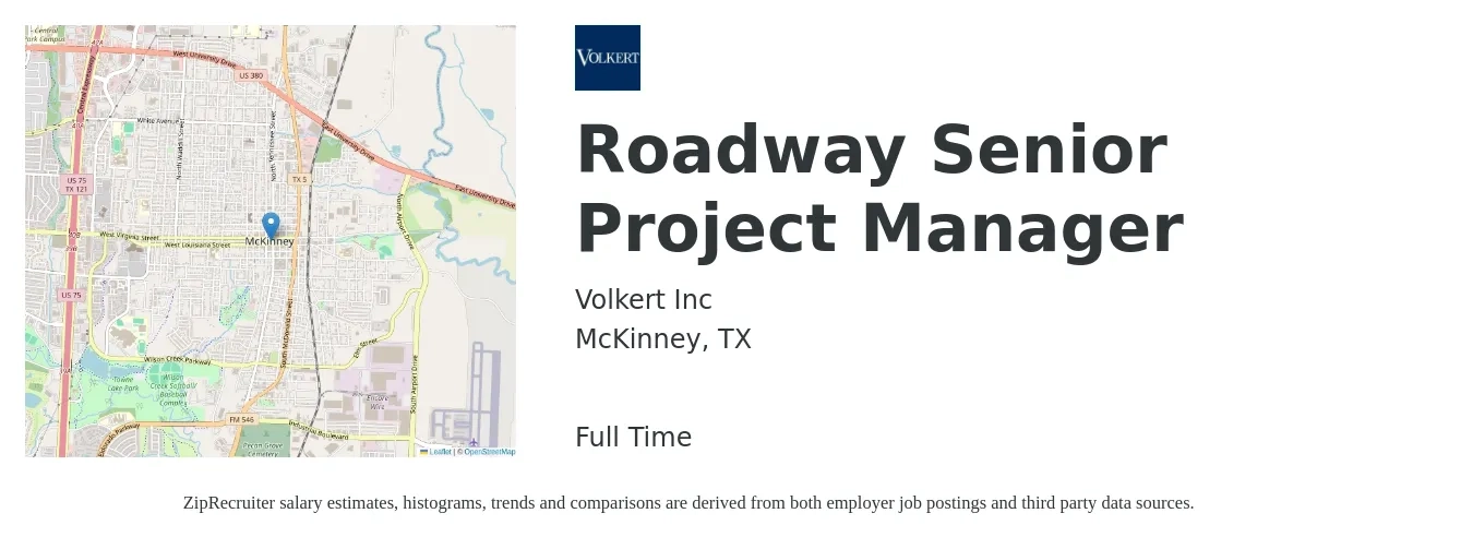 Volkert Inc job posting for a Roadway Senior Project Manager in McKinney, TX with a salary of $93,300 to $131,600 Yearly with a map of McKinney location.