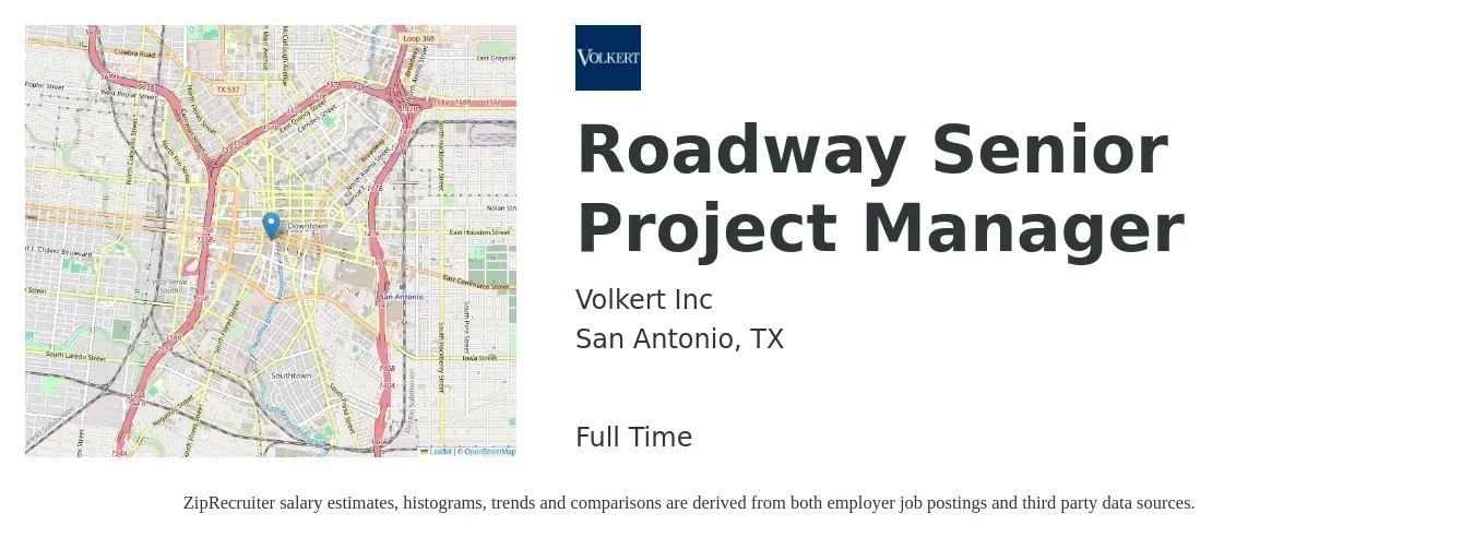 Volkert Inc job posting for a Roadway Senior Project Manager in San Antonio, TX with a salary of $89,000 to $125,500 Yearly with a map of San Antonio location.