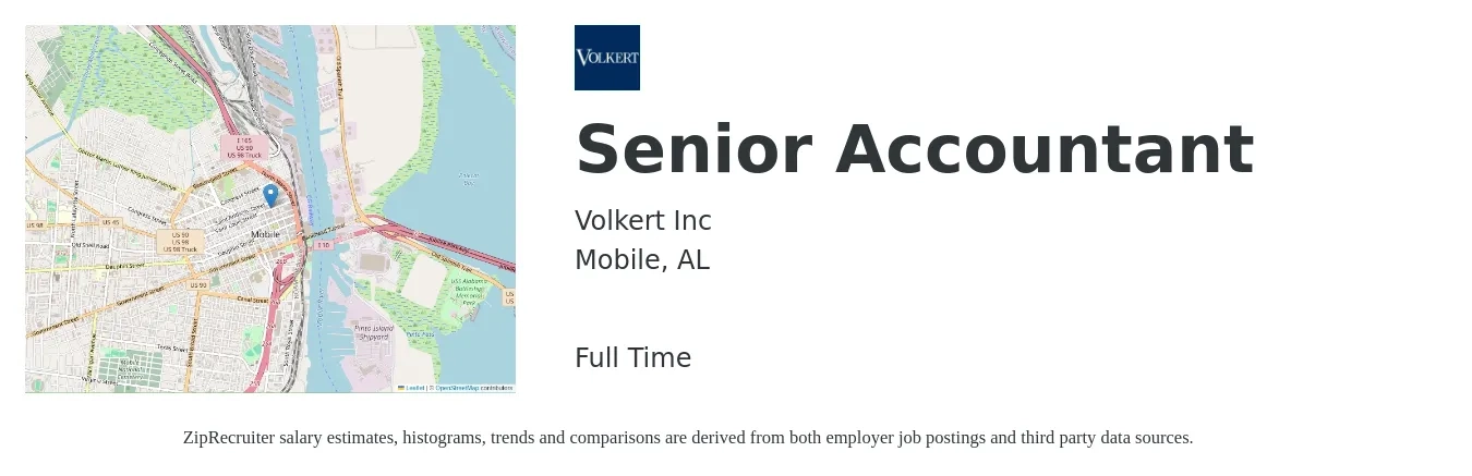 Volkert Inc job posting for a Senior Accountant in Mobile, AL with a salary of $73,700 to $92,600 Yearly with a map of Mobile location.