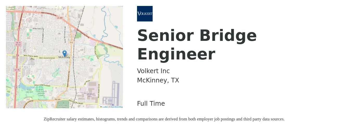 Volkert Inc job posting for a Senior Bridge Engineer in McKinney, TX with a salary of $94,200 to $129,400 Yearly with a map of McKinney location.