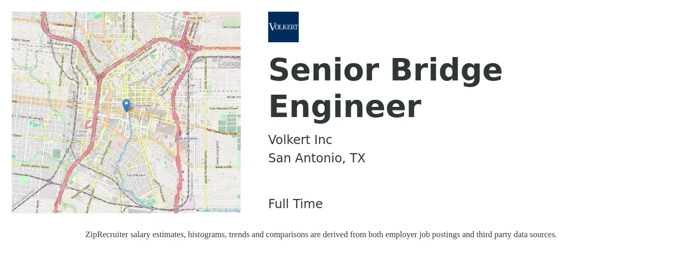 Volkert Inc job posting for a Senior Bridge Engineer in San Antonio, TX with a salary of $89,800 to $123,400 Yearly with a map of San Antonio location.