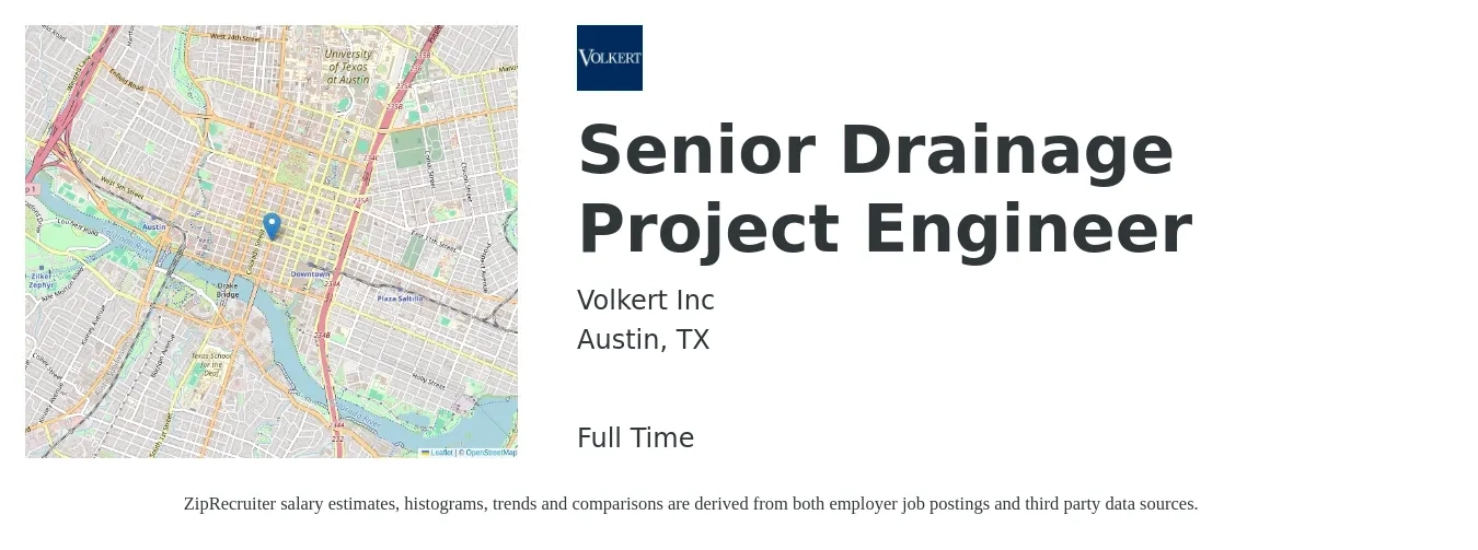 Volkert Inc job posting for a Senior Drainage Project Engineer in Austin, TX with a salary of $98,100 to $127,900 Yearly with a map of Austin location.
