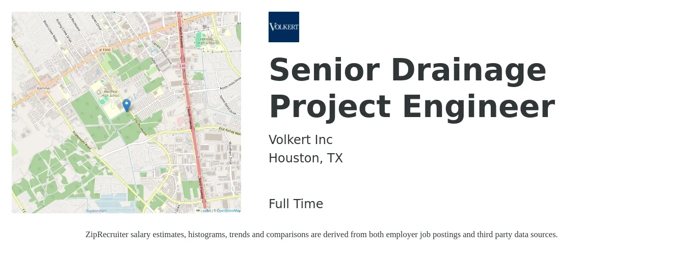 Volkert Inc job posting for a Senior Drainage Project Engineer in Houston, TX with a salary of $91,300 to $119,000 Yearly with a map of Houston location.