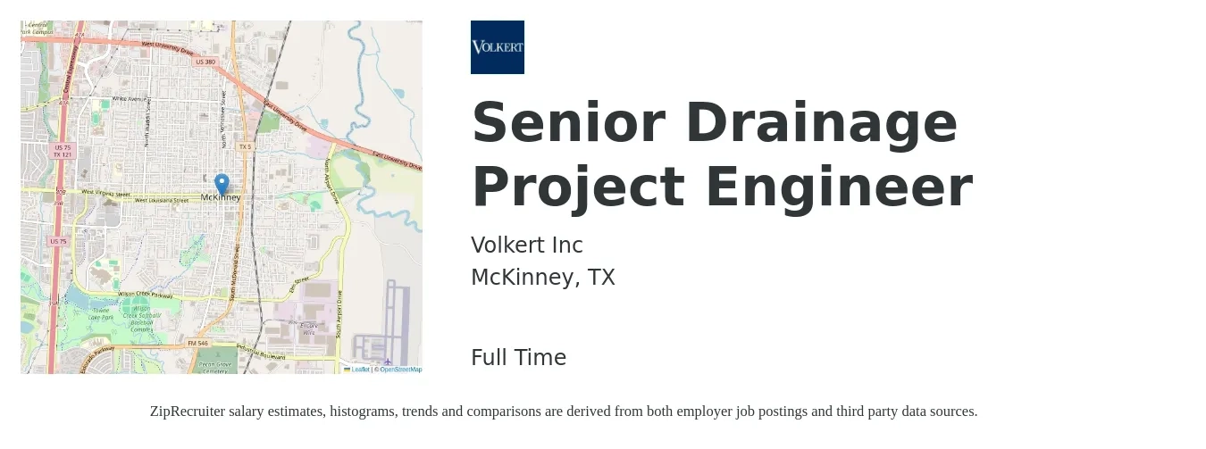 Volkert Inc job posting for a Senior Drainage Project Engineer in McKinney, TX with a salary of $89,200 to $116,300 Yearly with a map of McKinney location.