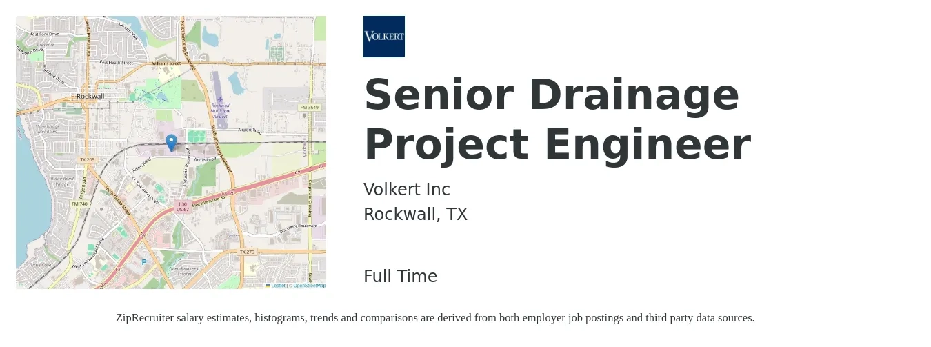 Volkert Inc job posting for a Senior Drainage Project Engineer in Rockwall, TX with a salary of $92,000 to $119,900 Yearly with a map of Rockwall location.